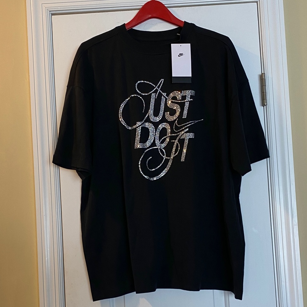Nike Black Cotton Crystal Logo Oversized Tee NWT